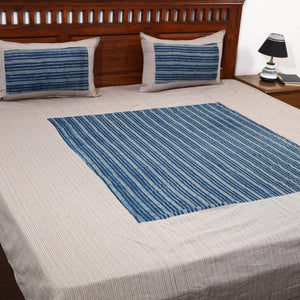 Beige - Plain Cotton Double Bed Cover with Block Print Patchwork (94 x 89 In)
