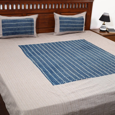 Beige - Plain Cotton Double Bed Cover with Block Print Patchwork (94 x 89 In)