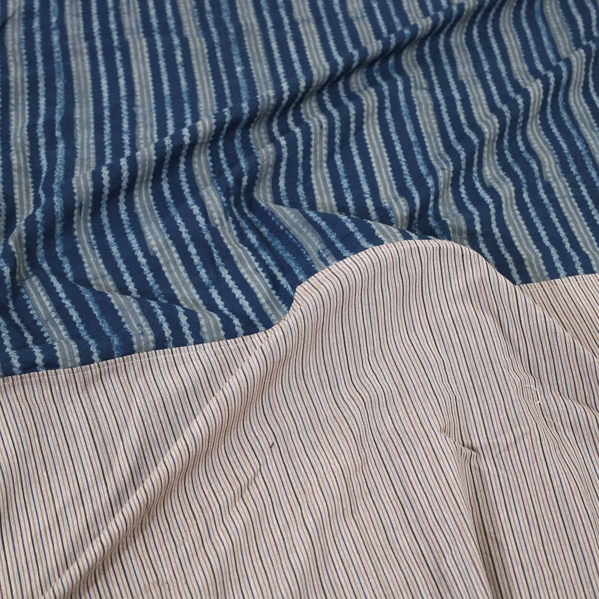 Beige - Plain Cotton Double Bed Cover with Block Print Patchwork (94 x 89 In)