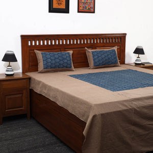 Brown - Plain Cotton Double Bed Cover with Block Print Patchwork (94 x 89 In)