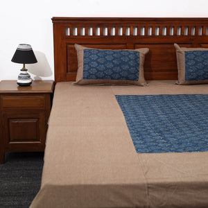 Brown - Plain Cotton Double Bed Cover with Block Print Patchwork (94 x 89 In)