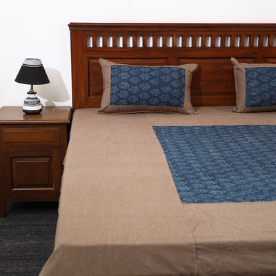 Brown - Plain Cotton Double Bed Cover with Block Print Patchwork (94 x 89 In)