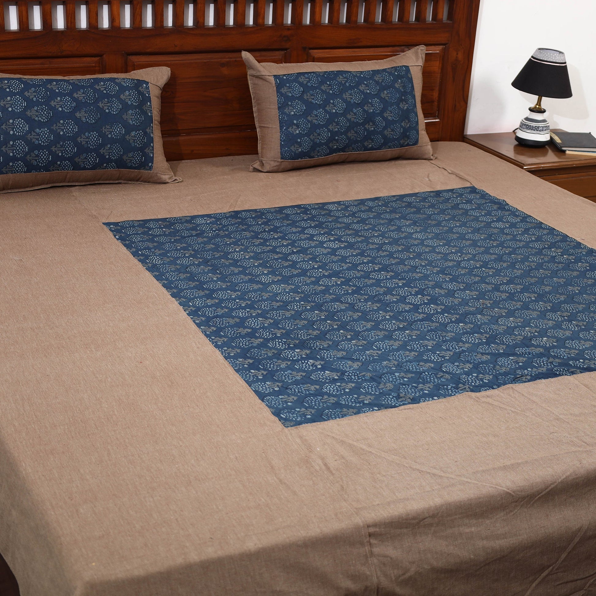Brown - Plain Cotton Double Bed Cover with Block Print Patchwork (94 x 89 In)