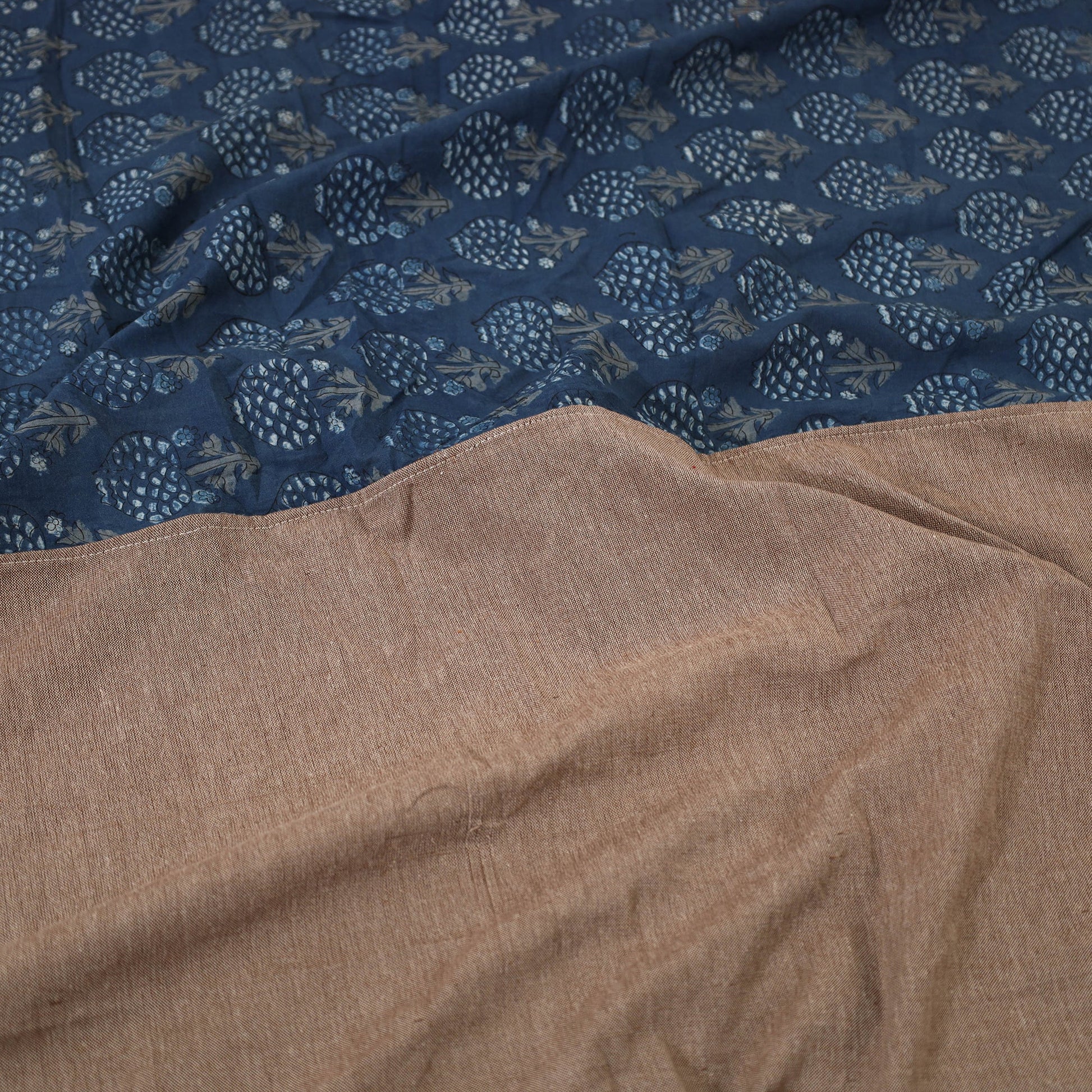 Brown - Plain Cotton Double Bed Cover with Block Print Patchwork (94 x 89 In)