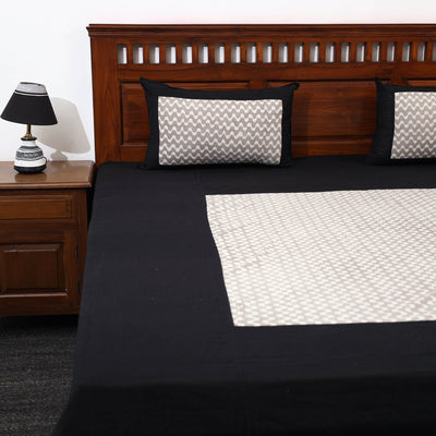 Black - Plain Cotton Double Bed Cover with Block Print Patchwork (94 x 89 In)