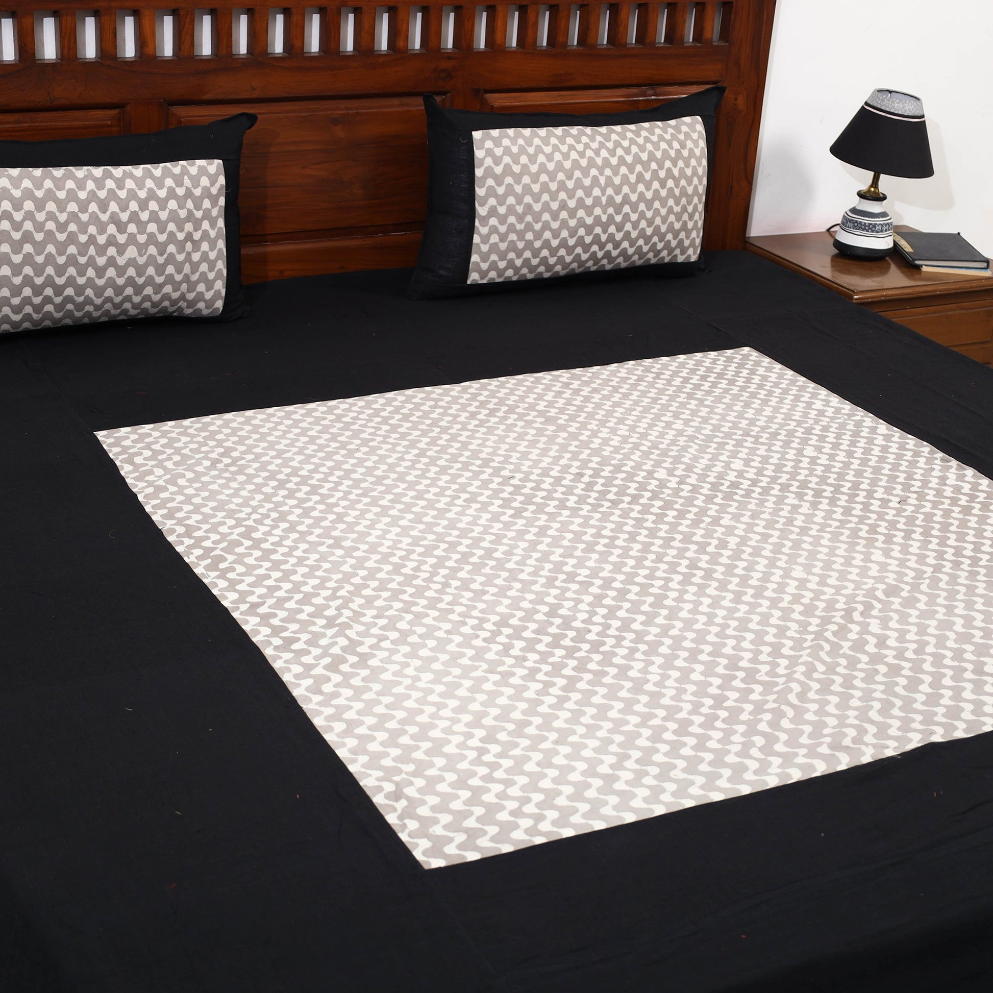 Black - Plain Cotton Double Bed Cover with Block Print Patchwork (94 x 89 In)
