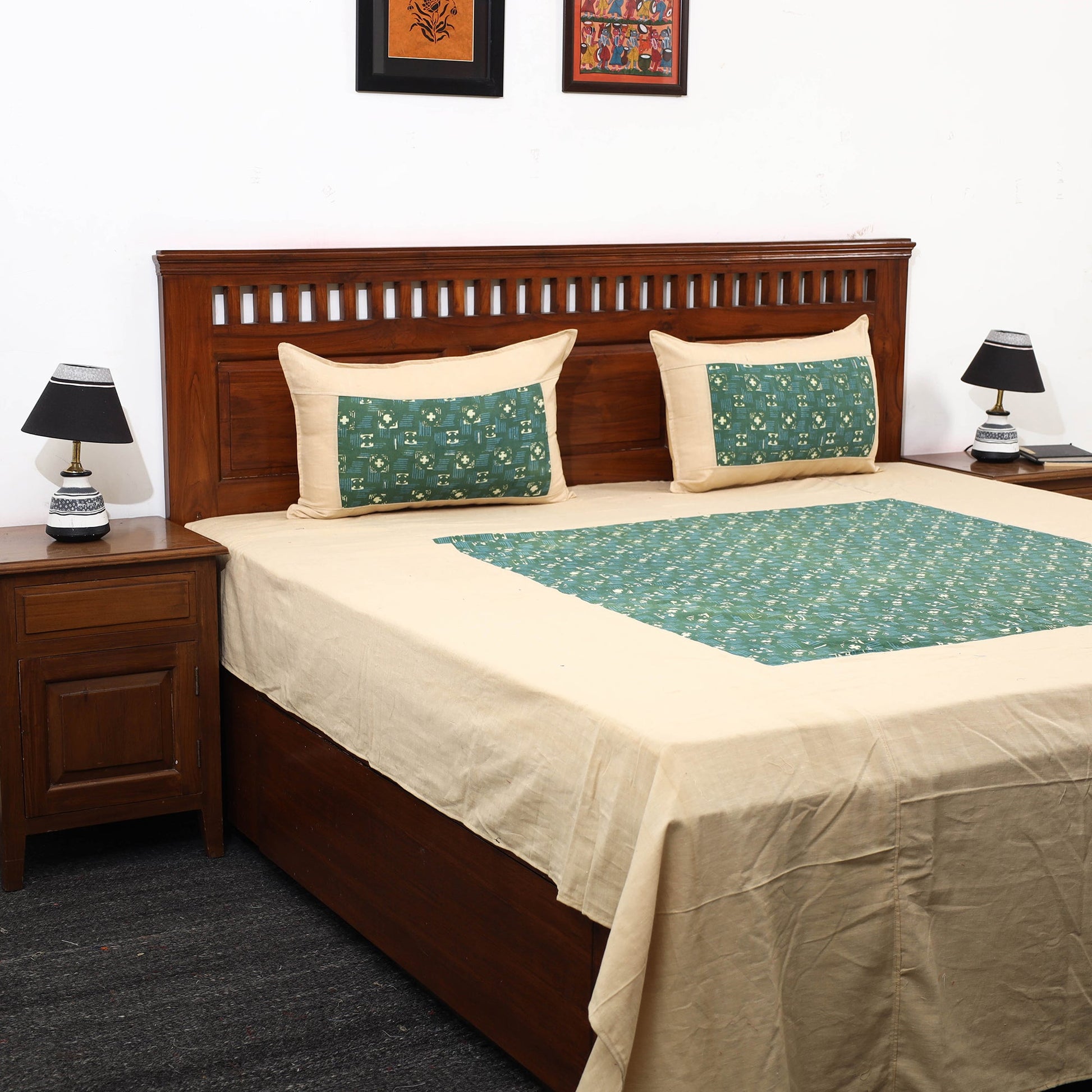 Beige - Plain Cotton Double Bed Cover with Block Print Patchwork (94 x 89 In)