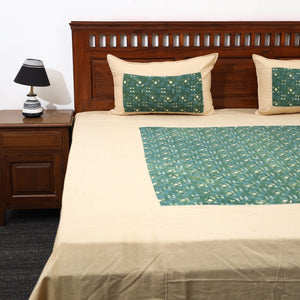 Beige - Plain Cotton Double Bed Cover with Block Print Patchwork (94 x 89 In)