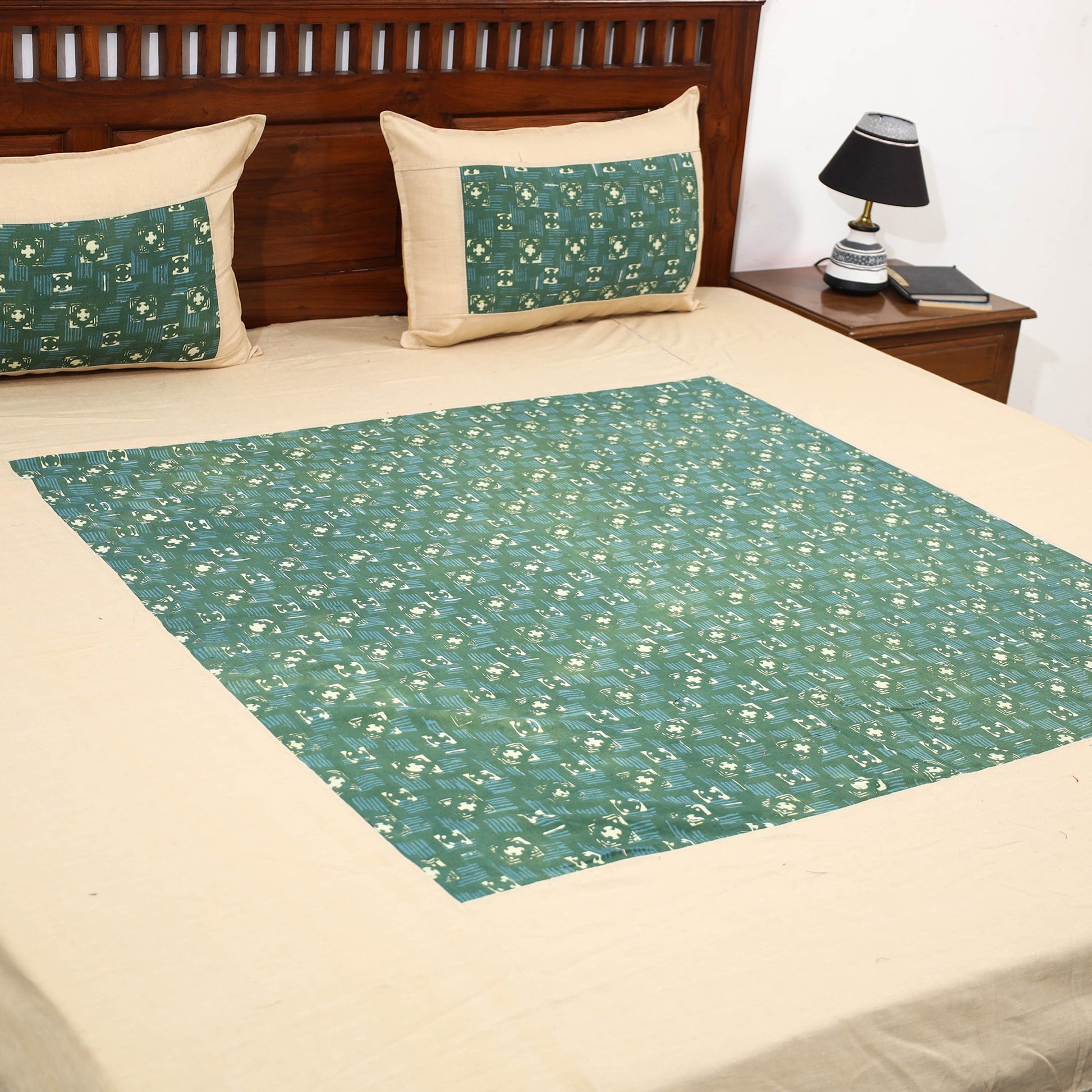 Beige - Plain Cotton Double Bed Cover with Block Print Patchwork (94 x 89 In)