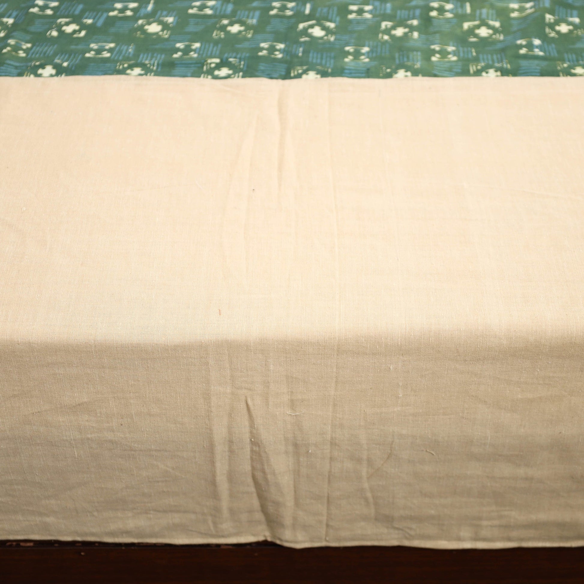 Beige - Plain Cotton Double Bed Cover with Block Print Patchwork (94 x 89 In)