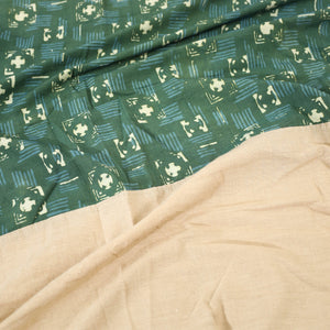 Beige - Plain Cotton Double Bed Cover with Block Print Patchwork (94 x 89 In)