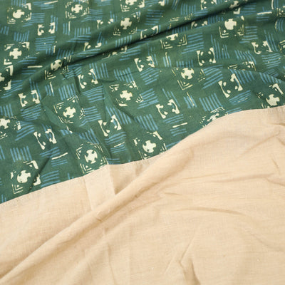 Beige - Plain Cotton Double Bed Cover with Block Print Patchwork (94 x 89 In)