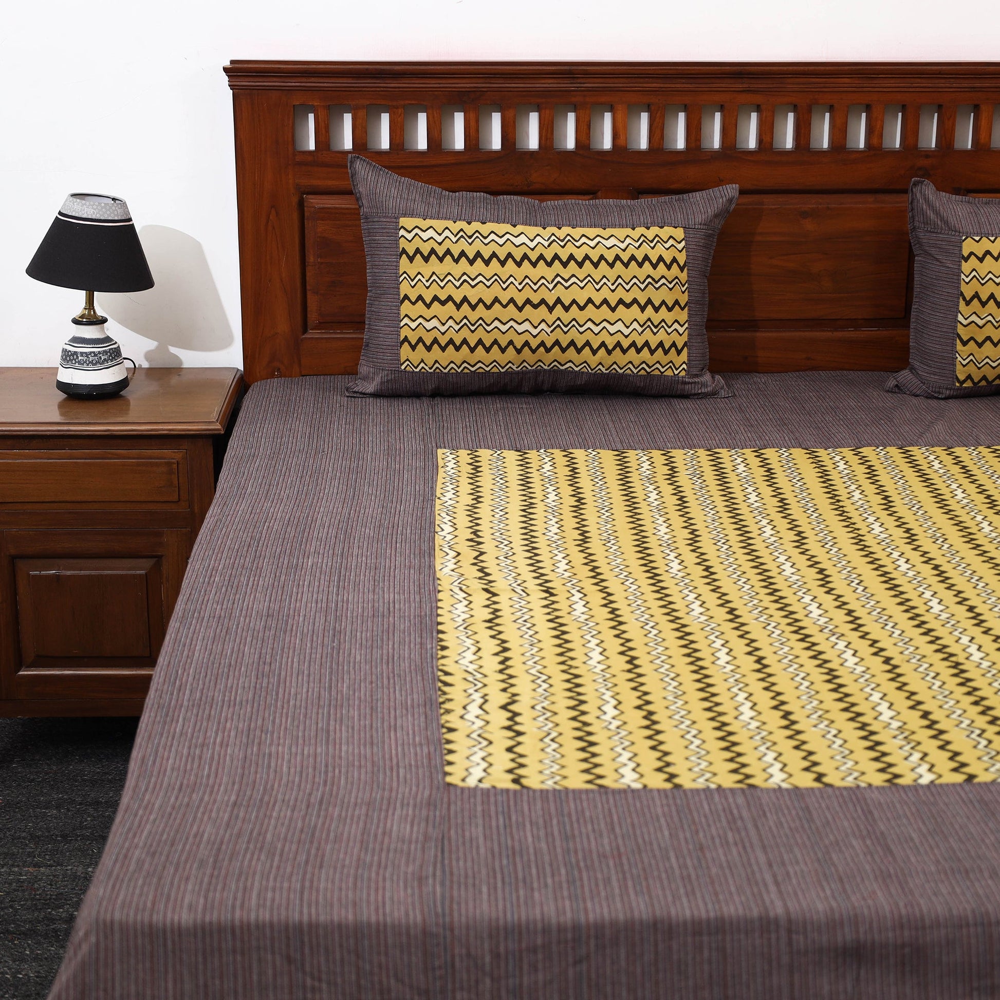 Brown - Plain Cotton Double Bed Cover with Block Print Patchwork (94 x 89 In)