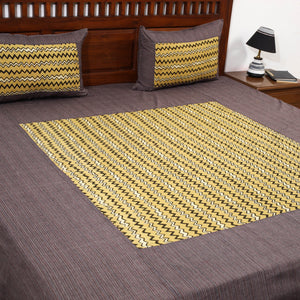 Brown - Plain Cotton Double Bed Cover with Block Print Patchwork (94 x 89 In)