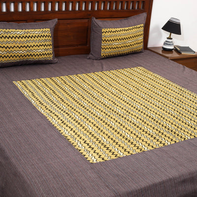 Brown - Plain Cotton Double Bed Cover with Block Print Patchwork (94 x 89 In)