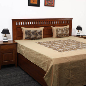 Brown - Plain Cotton Double Bed Cover with Block Print Patchwork (94 x 89 In)