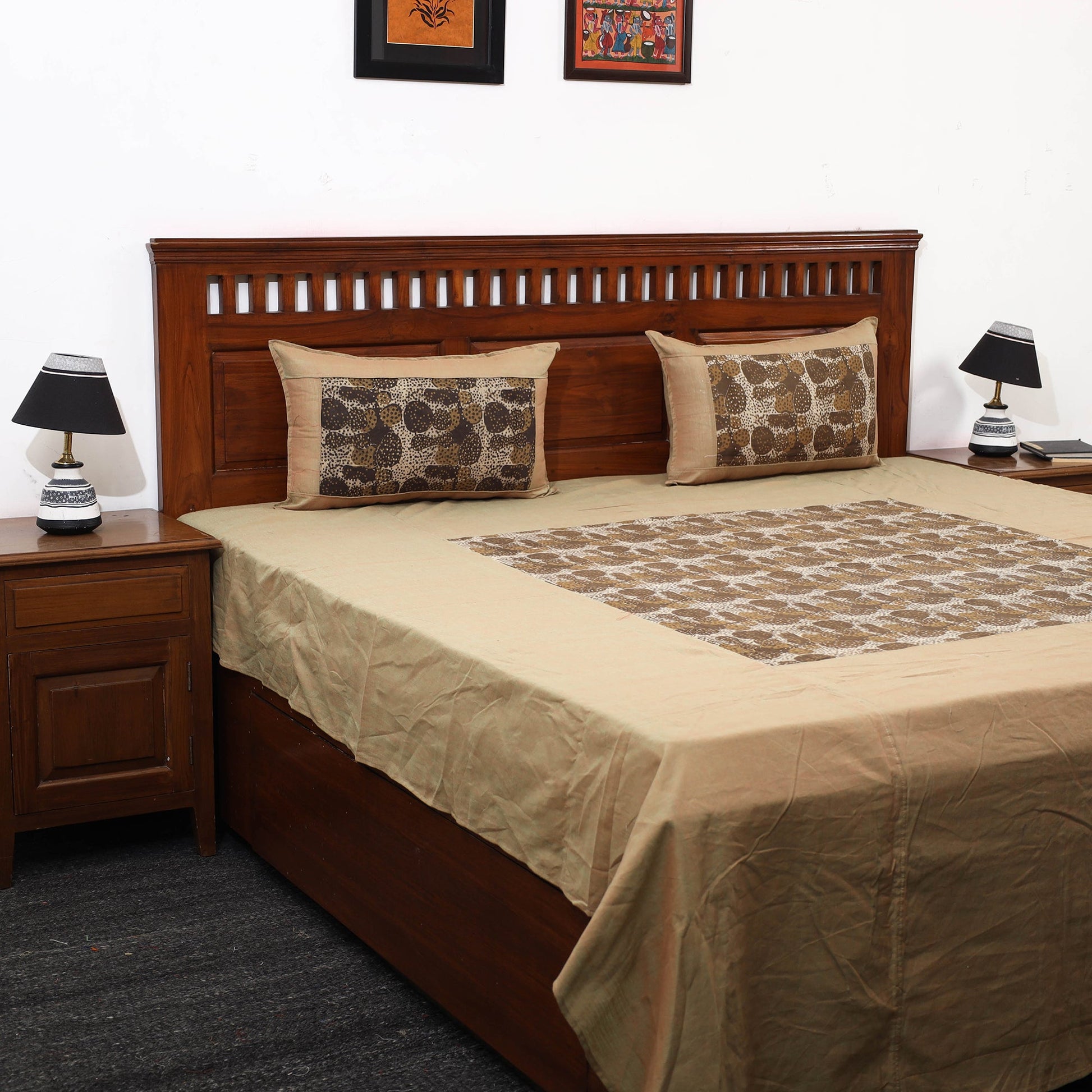 Brown - Plain Cotton Double Bed Cover with Block Print Patchwork (94 x 89 In)