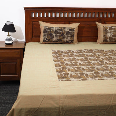 Brown - Plain Cotton Double Bed Cover with Block Print Patchwork (94 x 89 In)