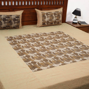 Brown - Plain Cotton Double Bed Cover with Block Print Patchwork (94 x 89 In)