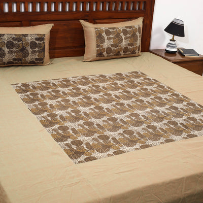 Brown - Plain Cotton Double Bed Cover with Block Print Patchwork (94 x 89 In)