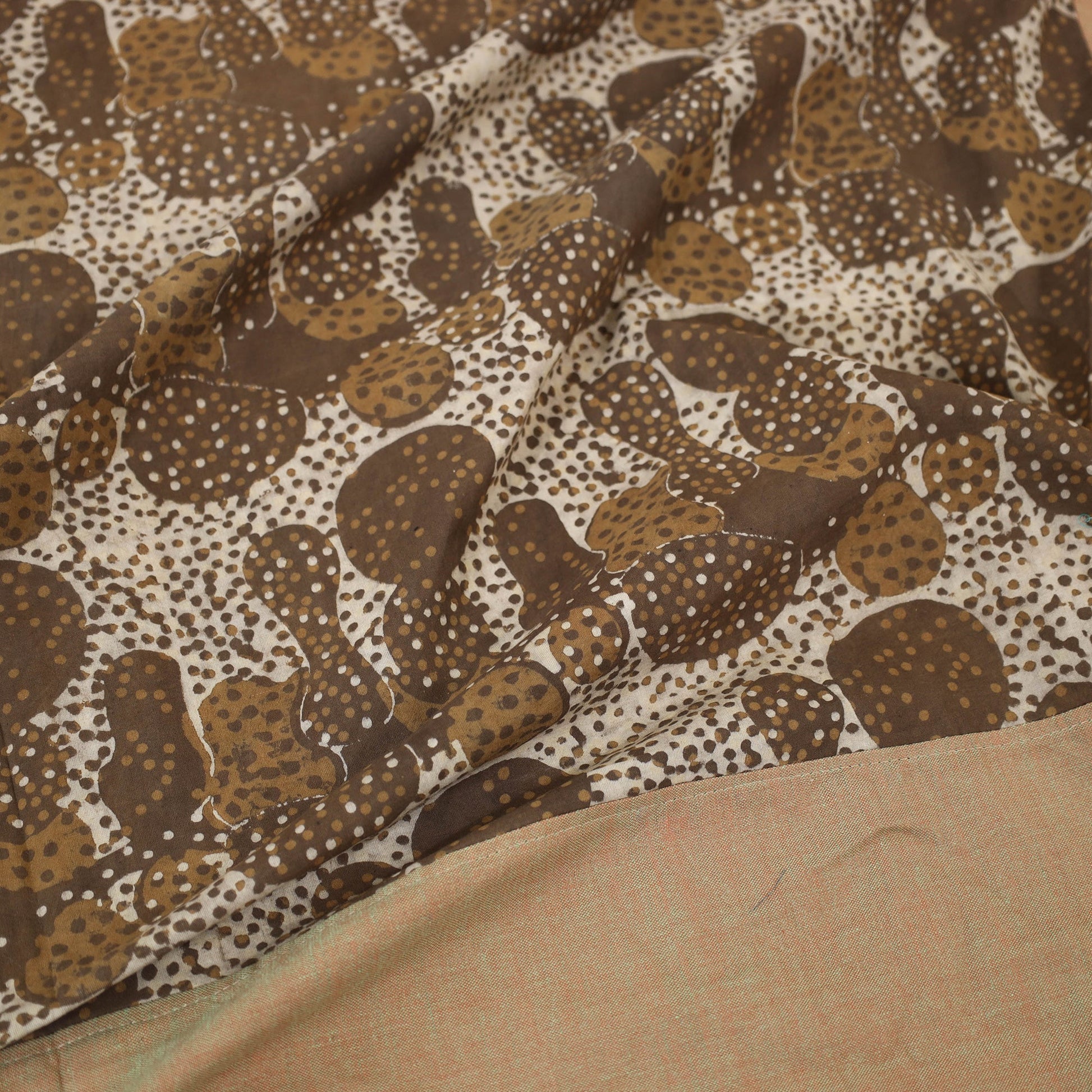 Brown - Plain Cotton Double Bed Cover with Block Print Patchwork (94 x 89 In)