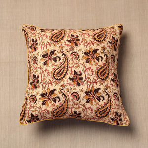 Beige - Block Print Cotton Kalamkari Cushion Cover (16 x 16 in)