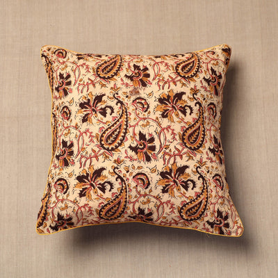Beige - Block Print Cotton Kalamkari Cushion Cover (16 x 16 in)
