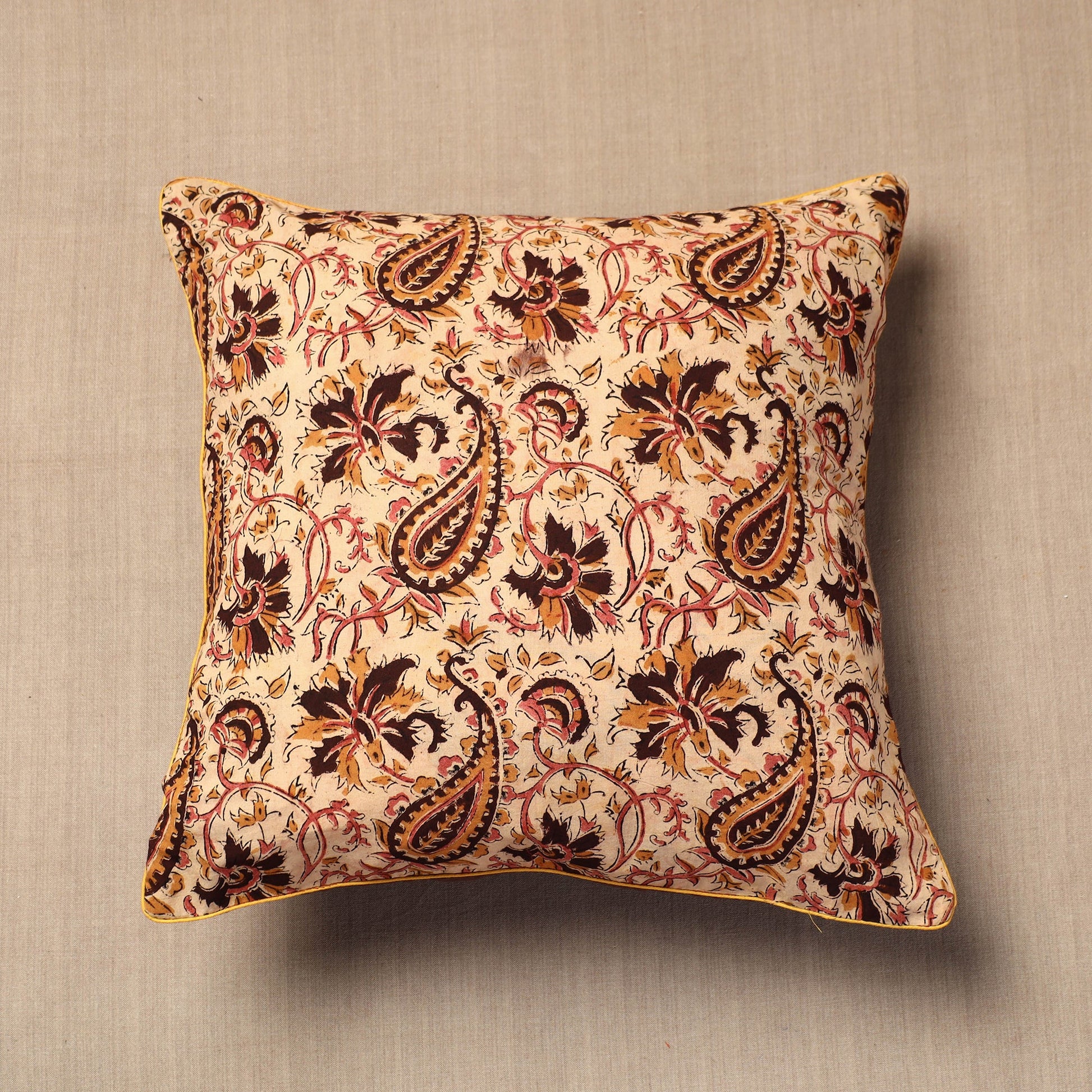 Beige - Block Print Cotton Kalamkari Cushion Cover (16 x 16 in)