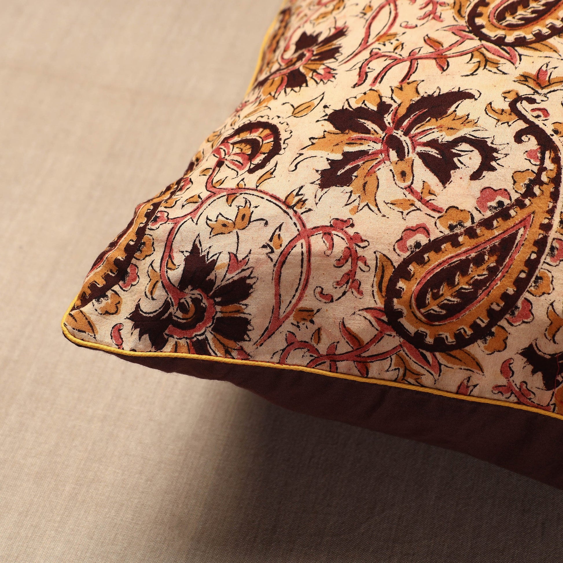 Beige - Block Print Cotton Kalamkari Cushion Cover (16 x 16 in)