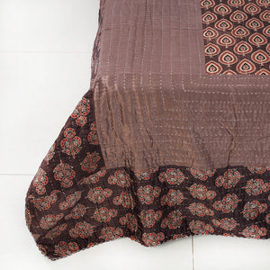 Brown - Reversible Kutch Tagai Embroidered Mashru Silk Double Bed Cover / Quilt (110 x 87 in)
