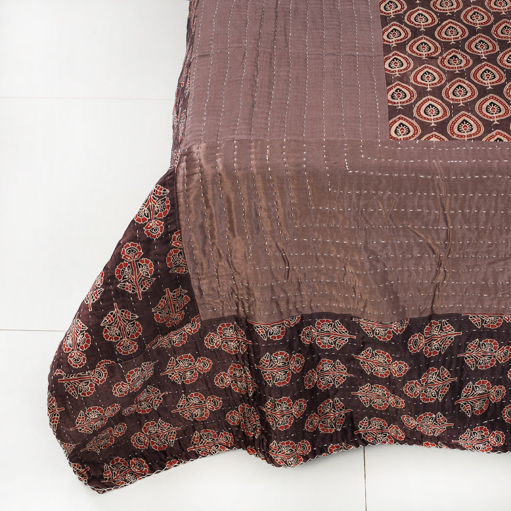Brown - Reversible Kutch Tagai Embroidered Mashru Silk Double Bed Cover / Quilt (110 x 87 in)