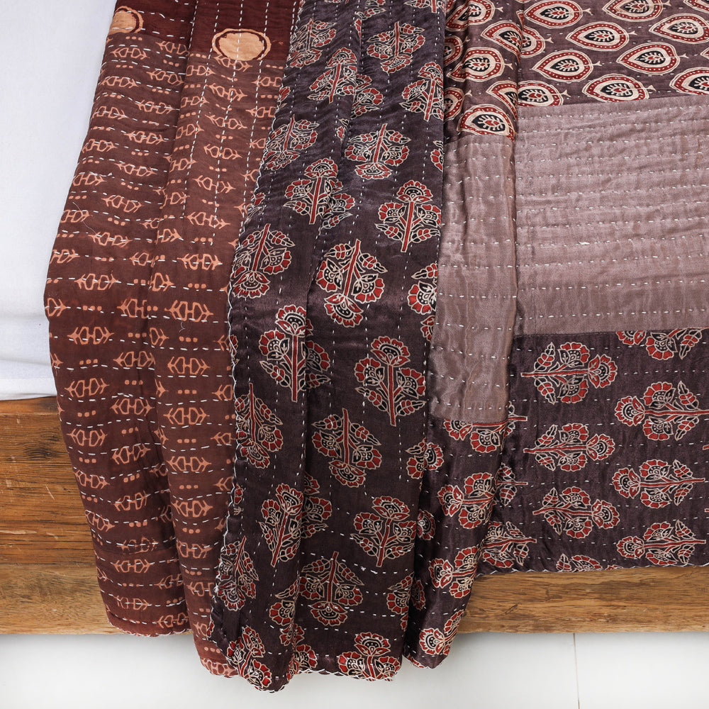 Brown - Reversible Kutch Tagai Embroidered Mashru Silk Double Bed Cover / Quilt (110 x 87 in)