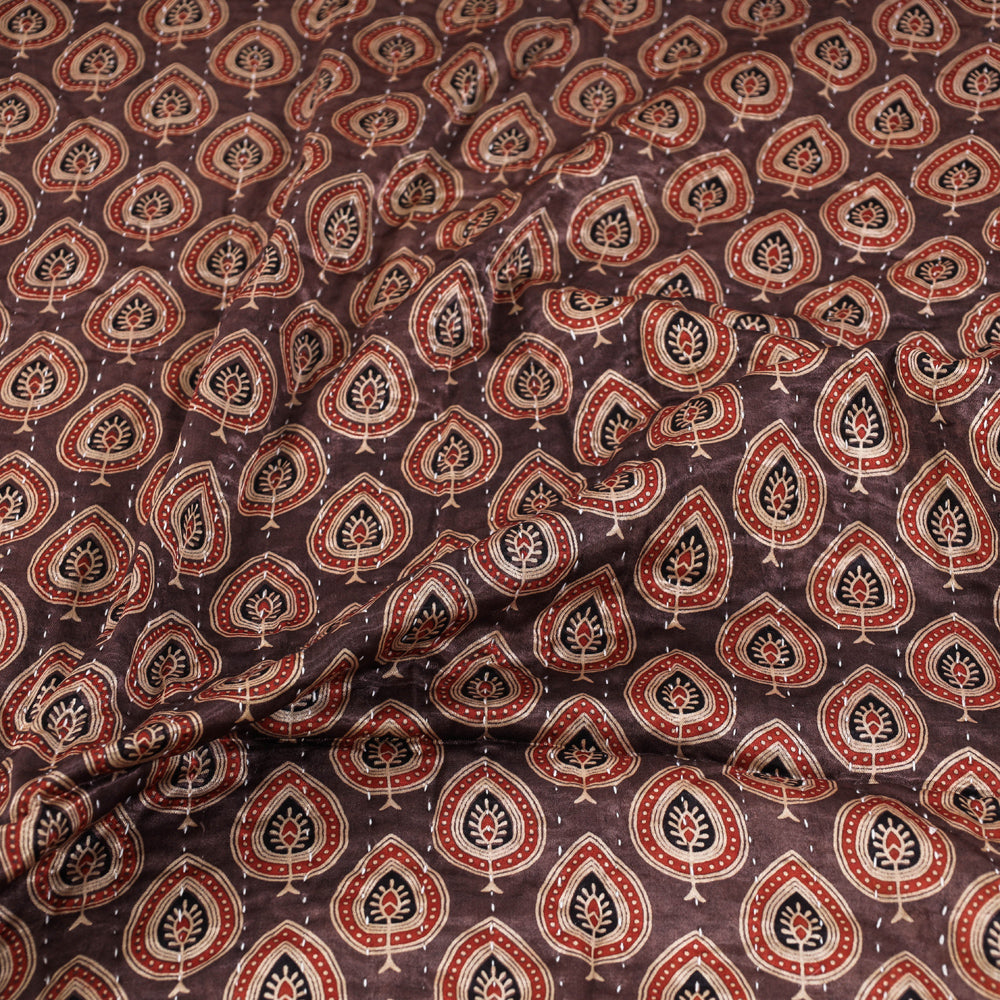 Brown - Reversible Kutch Tagai Embroidered Mashru Silk Double Bed Cover / Quilt (110 x 87 in)