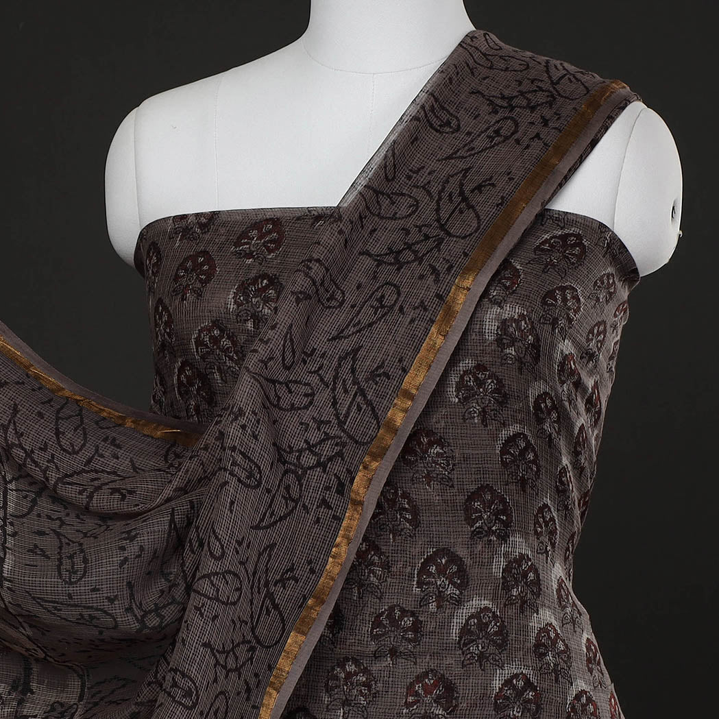 Brown - 3pc Jahota Block Printed Kota Doria Suit Material Set