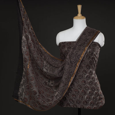 Brown - 3pc Jahota Block Printed Kota Doria Suit Material Set
