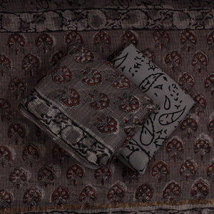 Brown - 3pc Jahota Block Printed Kota Doria Suit Material Set
