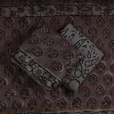 Brown - 3pc Jahota Block Printed Kota Doria Suit Material Set