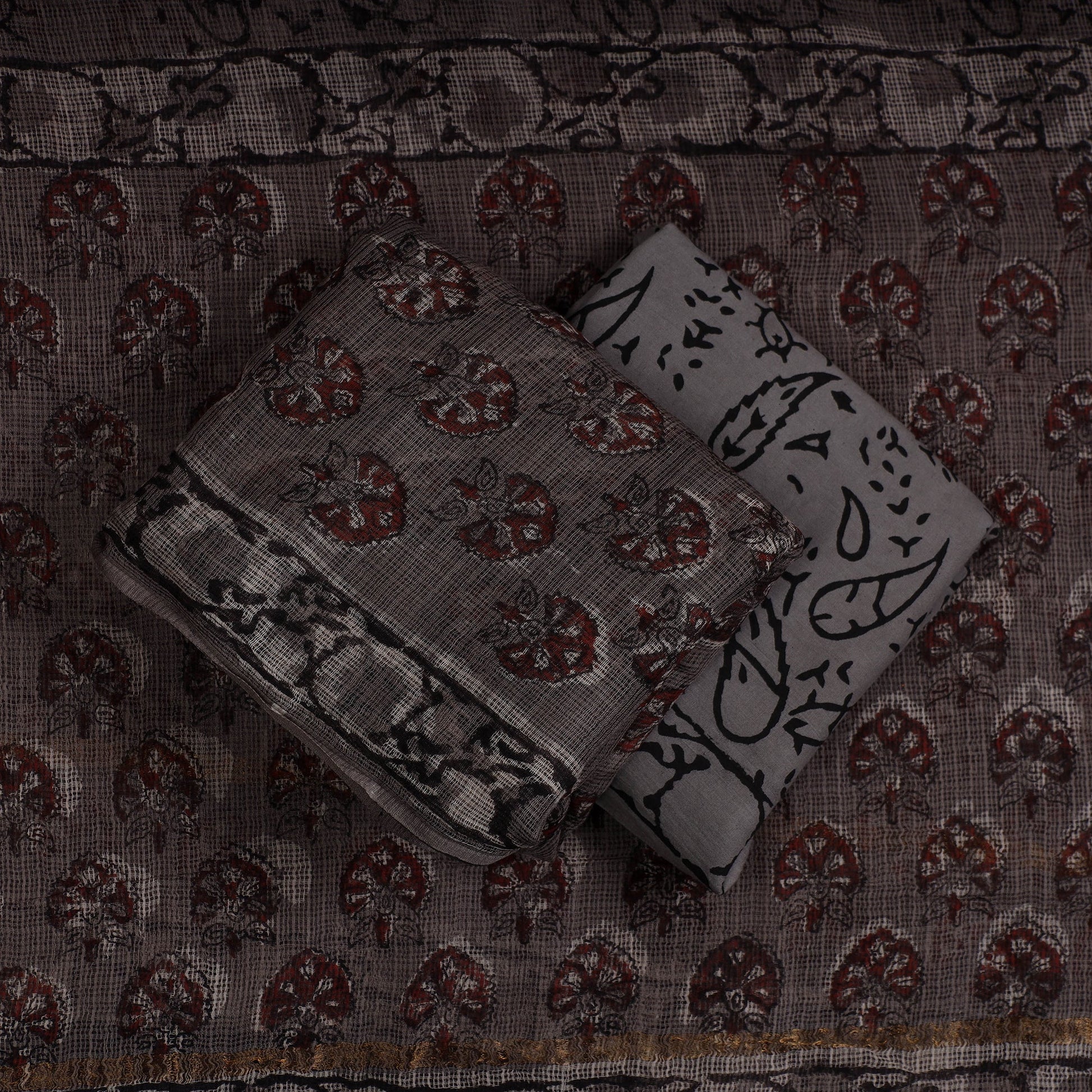 Brown - 3pc Jahota Block Printed Kota Doria Suit Material Set
