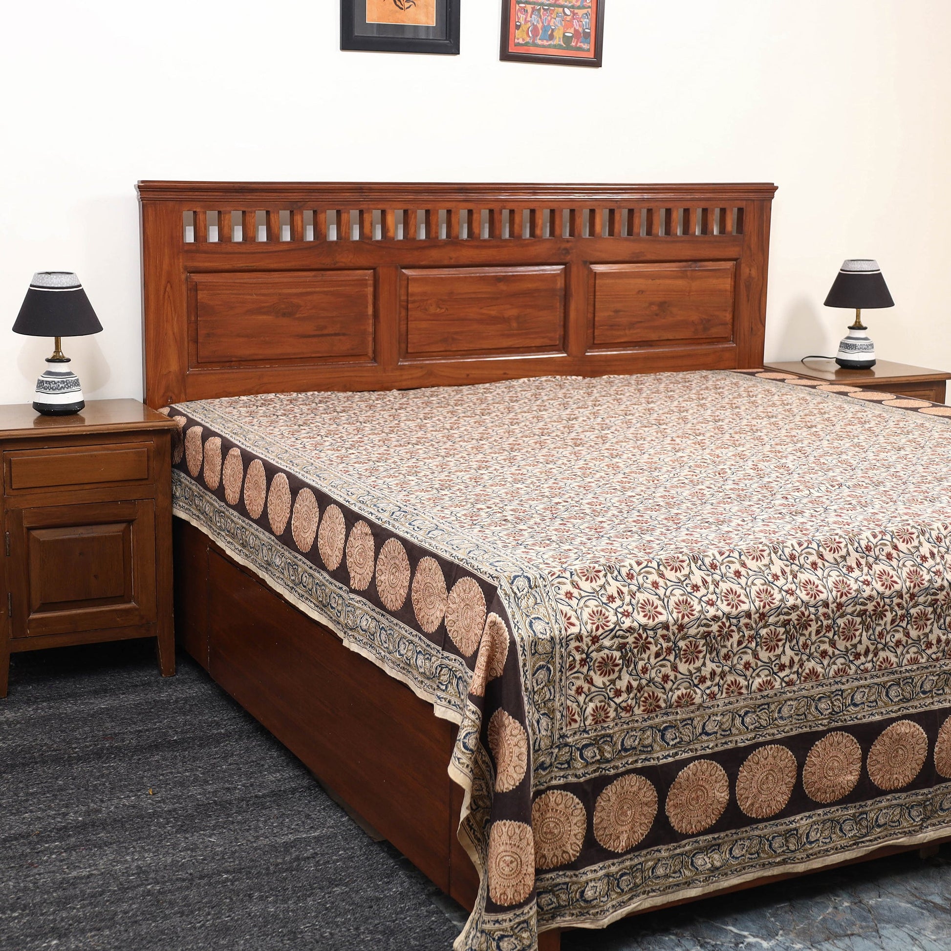 Beige - Pedana Kalamkari Block Printed Cotton Double Bed Cover (111 x 91 in) 05