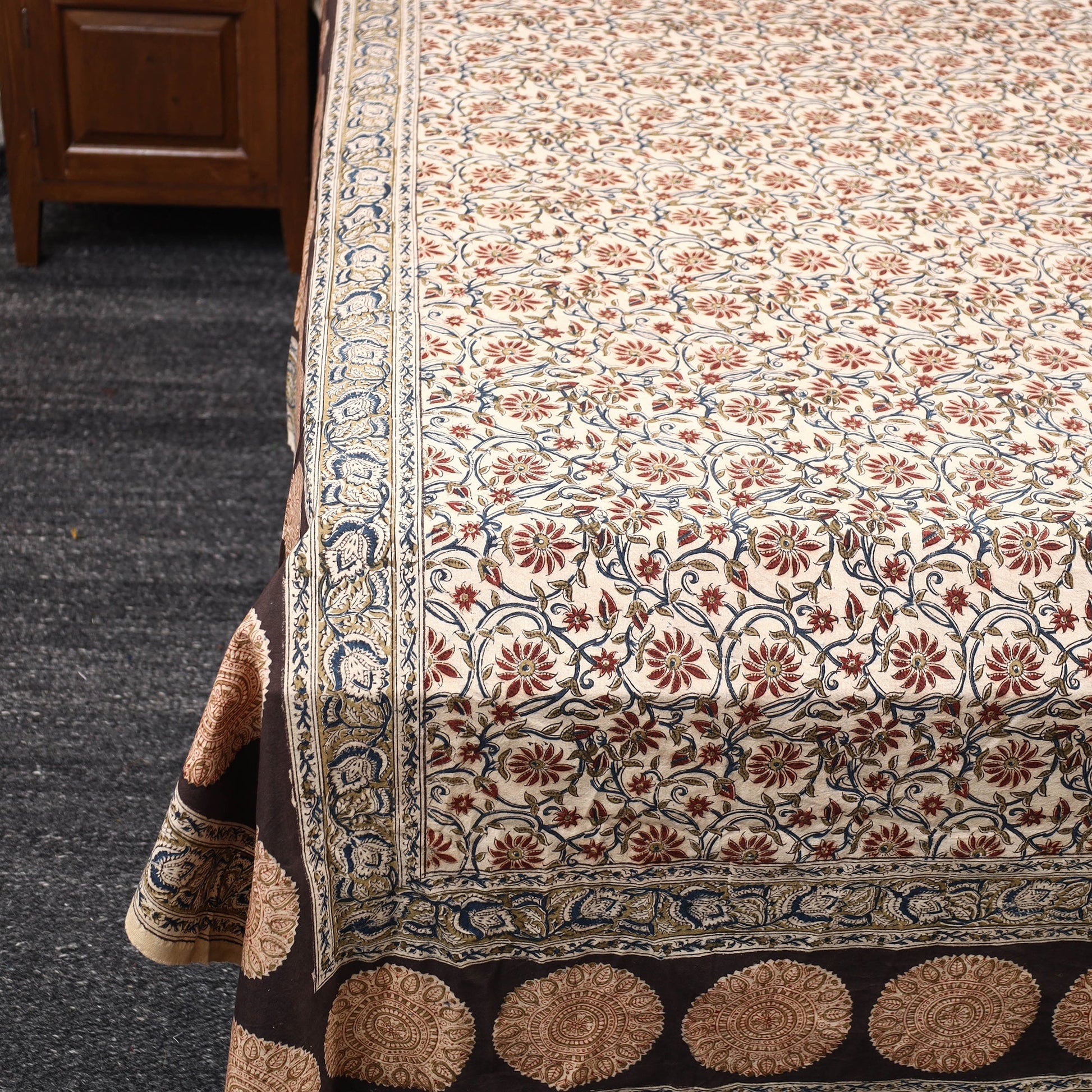 Beige - Pedana Kalamkari Block Printed Cotton Double Bed Cover (111 x 91 in) 05