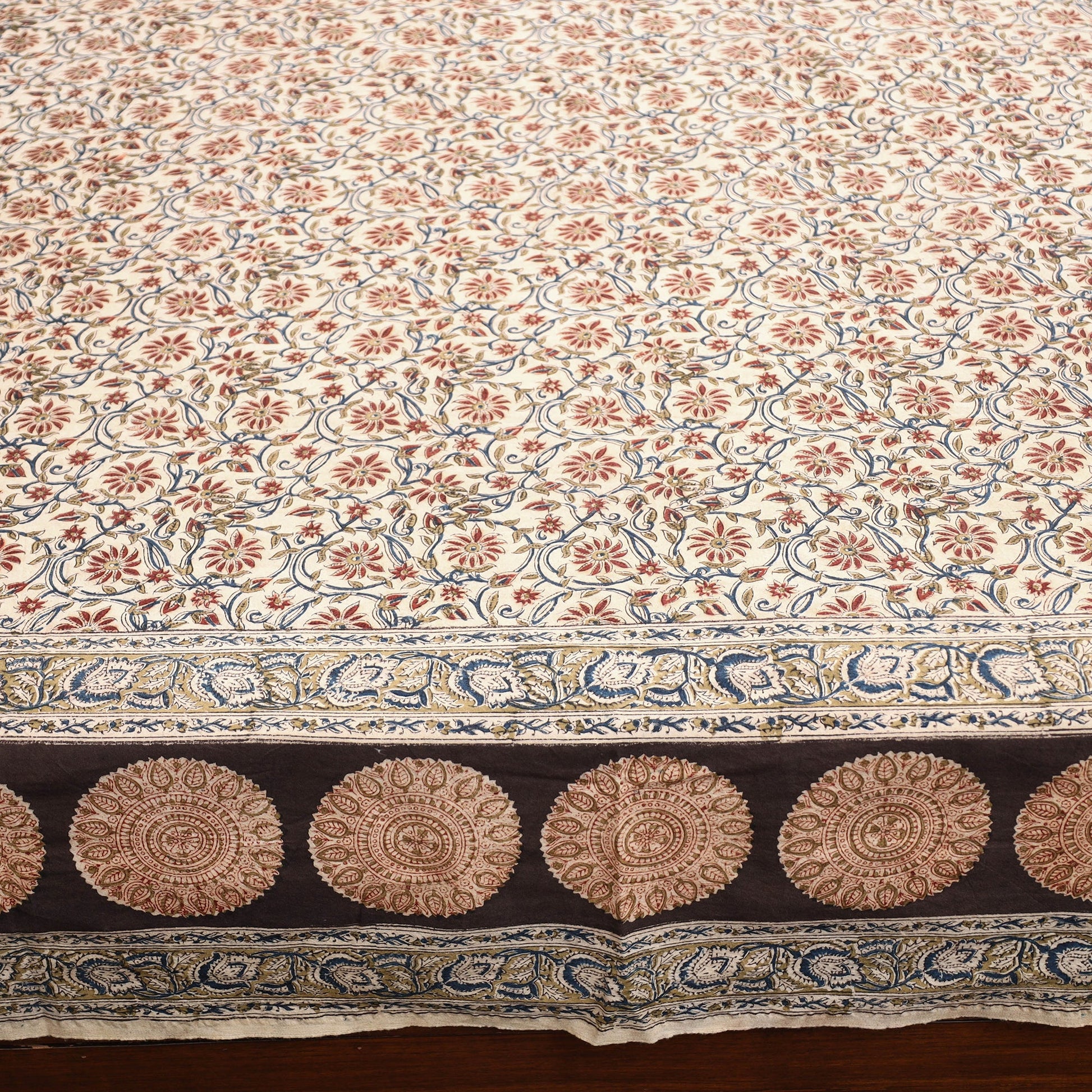 Beige - Pedana Kalamkari Block Printed Cotton Double Bed Cover (111 x 91 in) 05