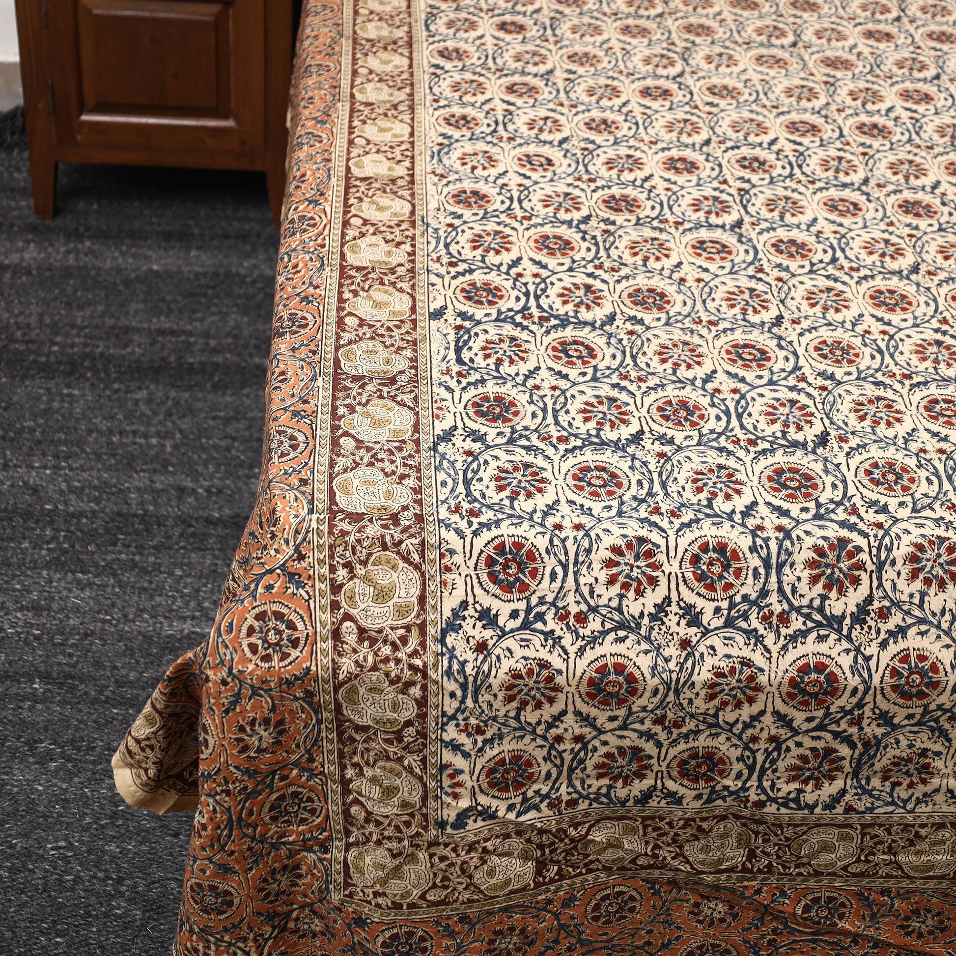 Beige - Pedana Kalamkari Block Printed Cotton Double Bed Cover (111 x 91 in) 07