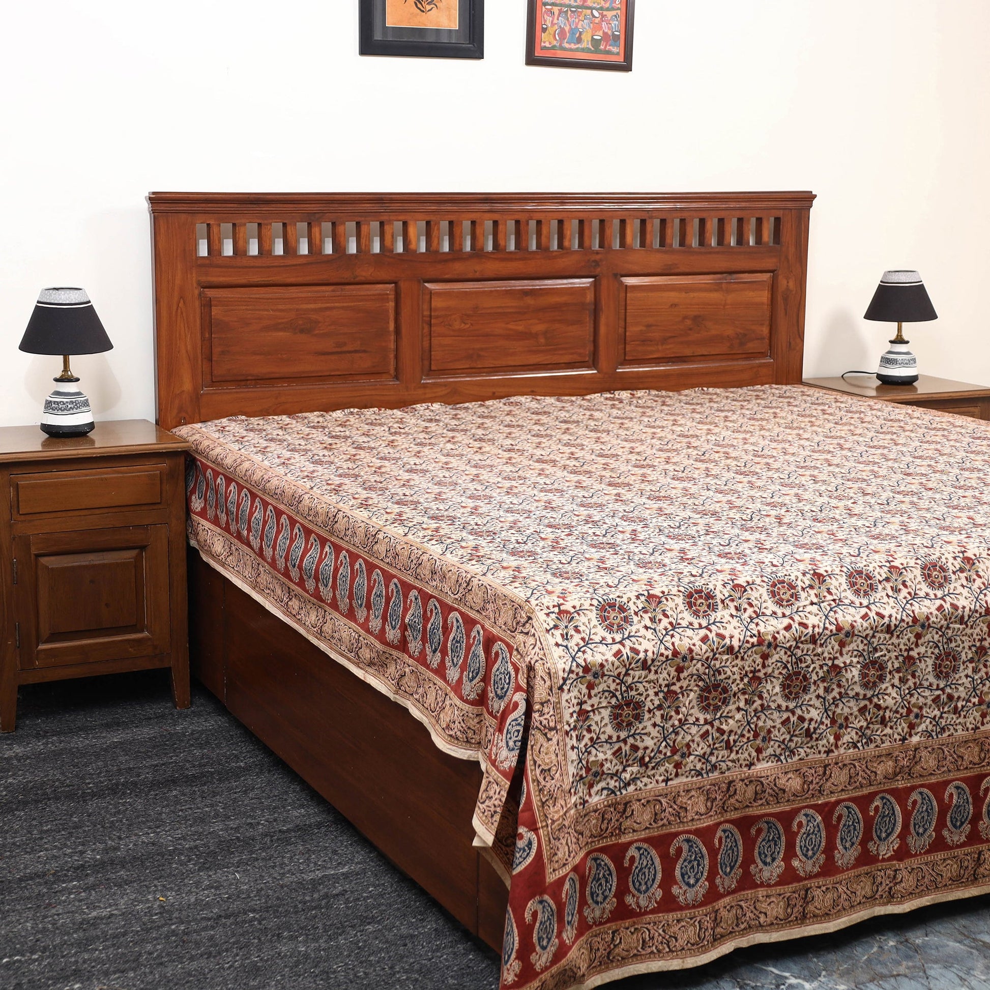 Beige - Pedana Kalamkari Block Printed Cotton Double Bed Cover (111 x 91 in) 08