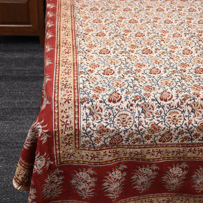 Beige - Pedana Kalamkari Block Printed Cotton Double Bed Cover (111 x 91 in) 09