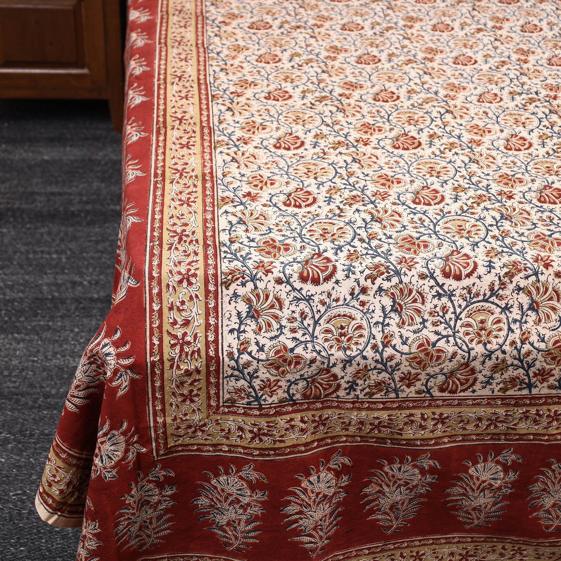 Beige - Pedana Kalamkari Block Printed Cotton Double Bed Cover (111 x 91 in) 09