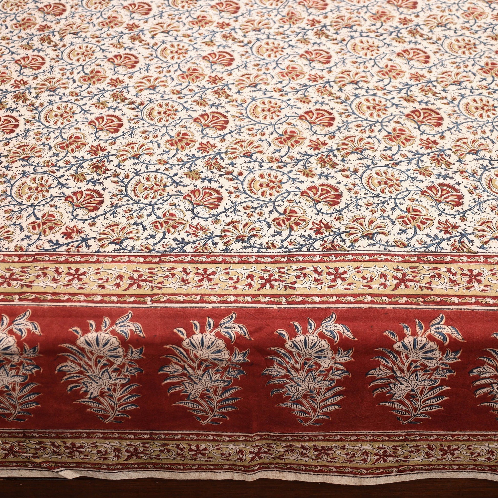 Beige - Pedana Kalamkari Block Printed Cotton Double Bed Cover (111 x 91 in) 09