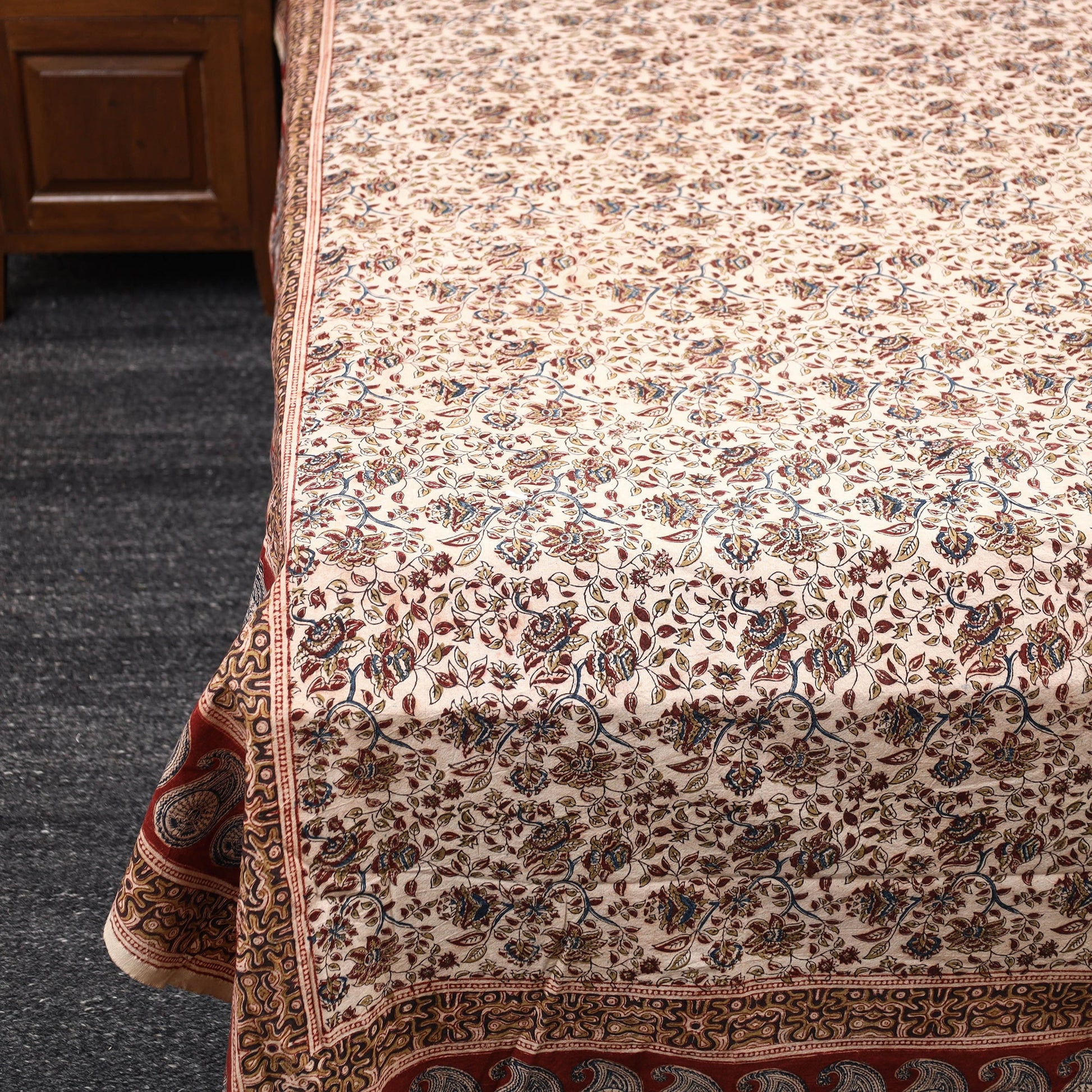 Beige - Pedana Kalamkari Block Printed Cotton Double Bed Cover (111 x 91 in) 12