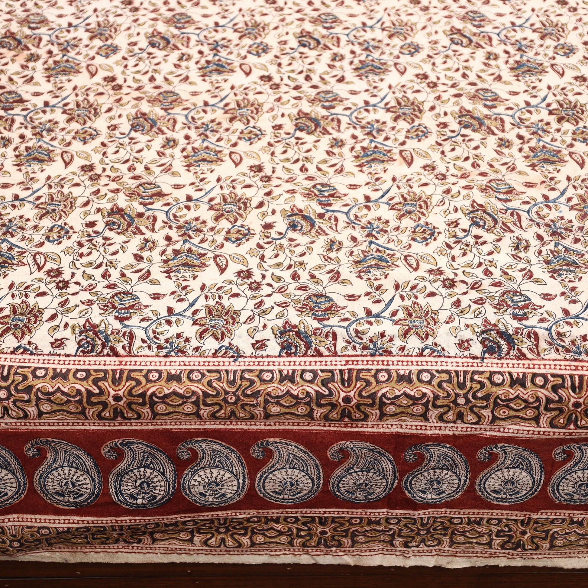 Beige - Pedana Kalamkari Block Printed Cotton Double Bed Cover (111 x 91 in) 12