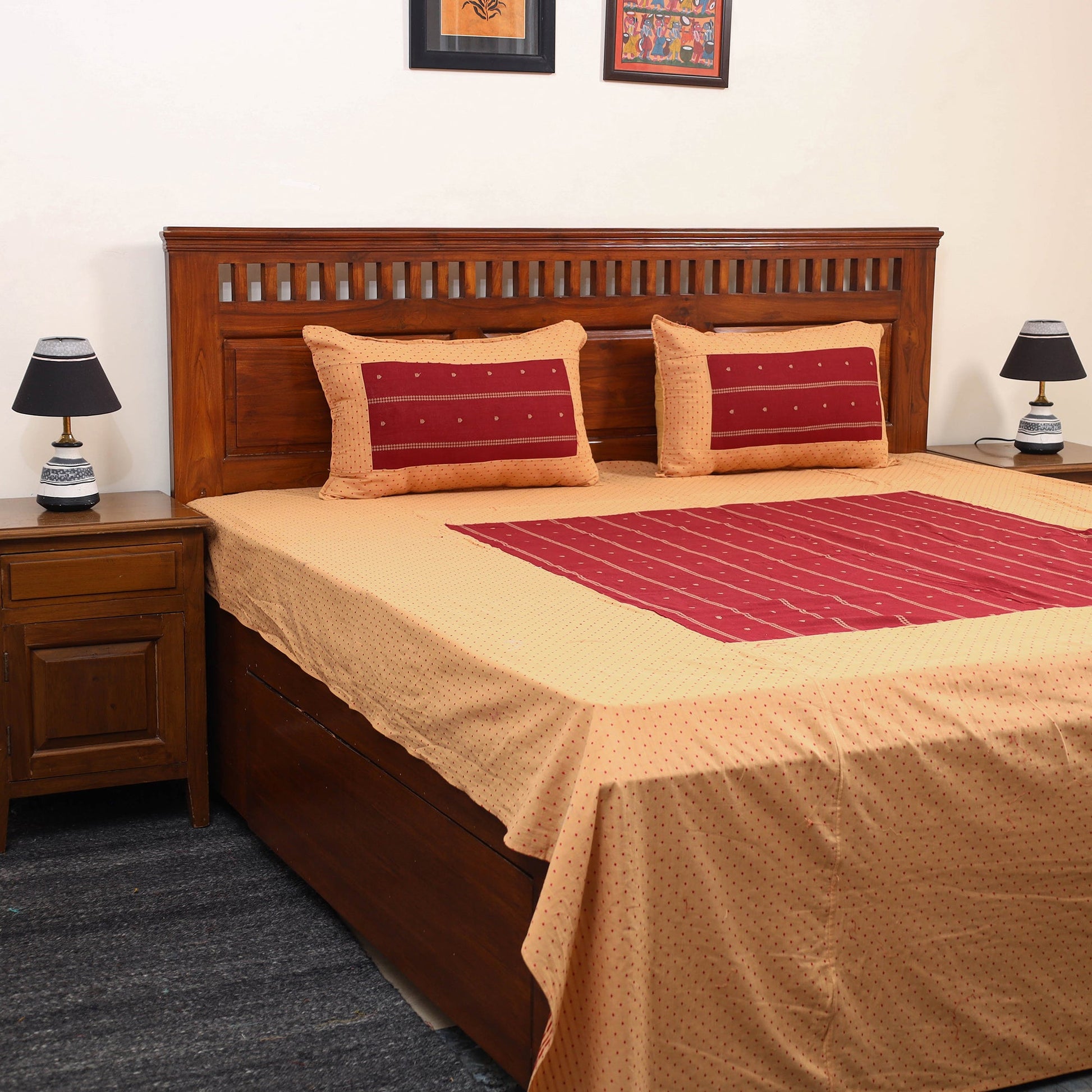 Beige - Jacquard Patchwork Cotton Double Bed Cover with Pillow Covers (108 x 83 in) 35