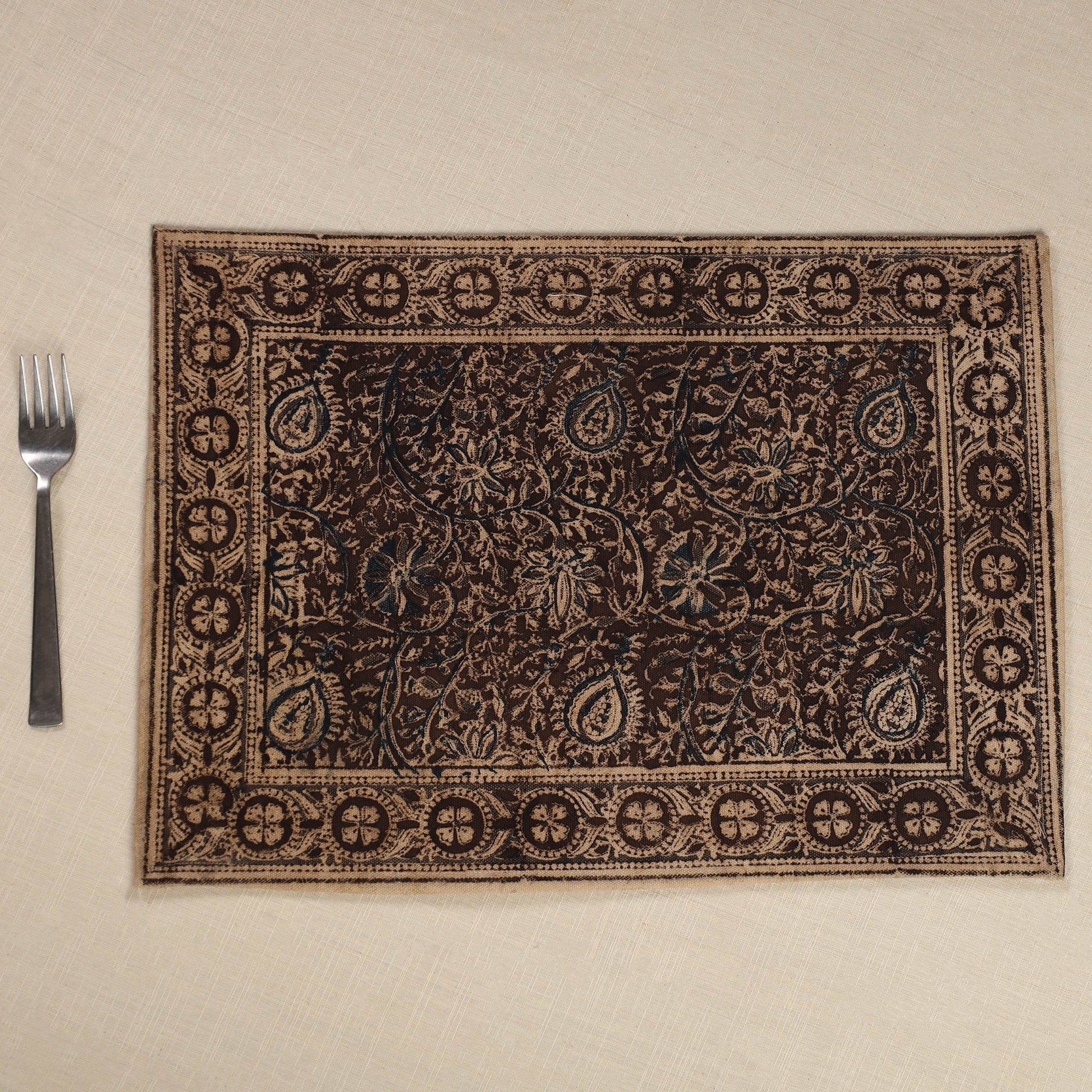 Brown - Original Pedana Kalamkari Block Printed Cotton Table Mat (18 x 13 in) 08